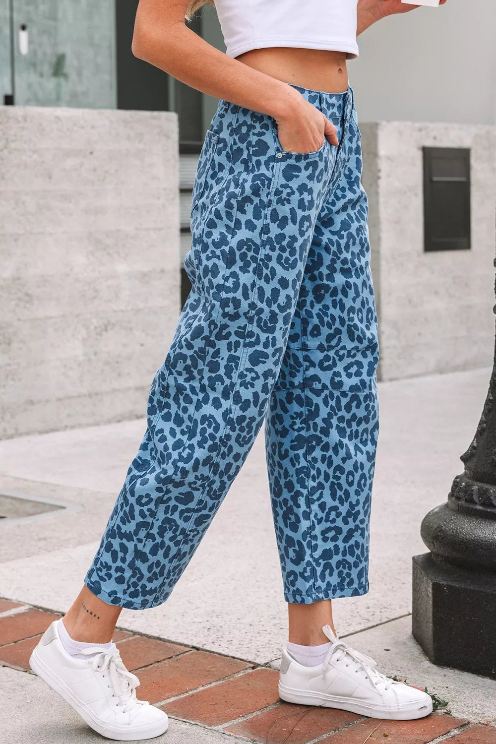 Leopard Print Barrel Leg Jeans in Cerulean