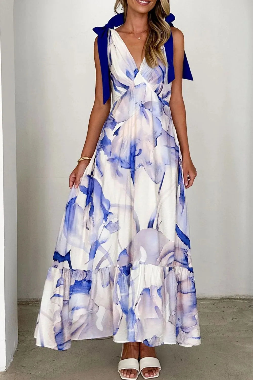 Printed Tie-Shoulder Ruched V-Neck Midi Dress
