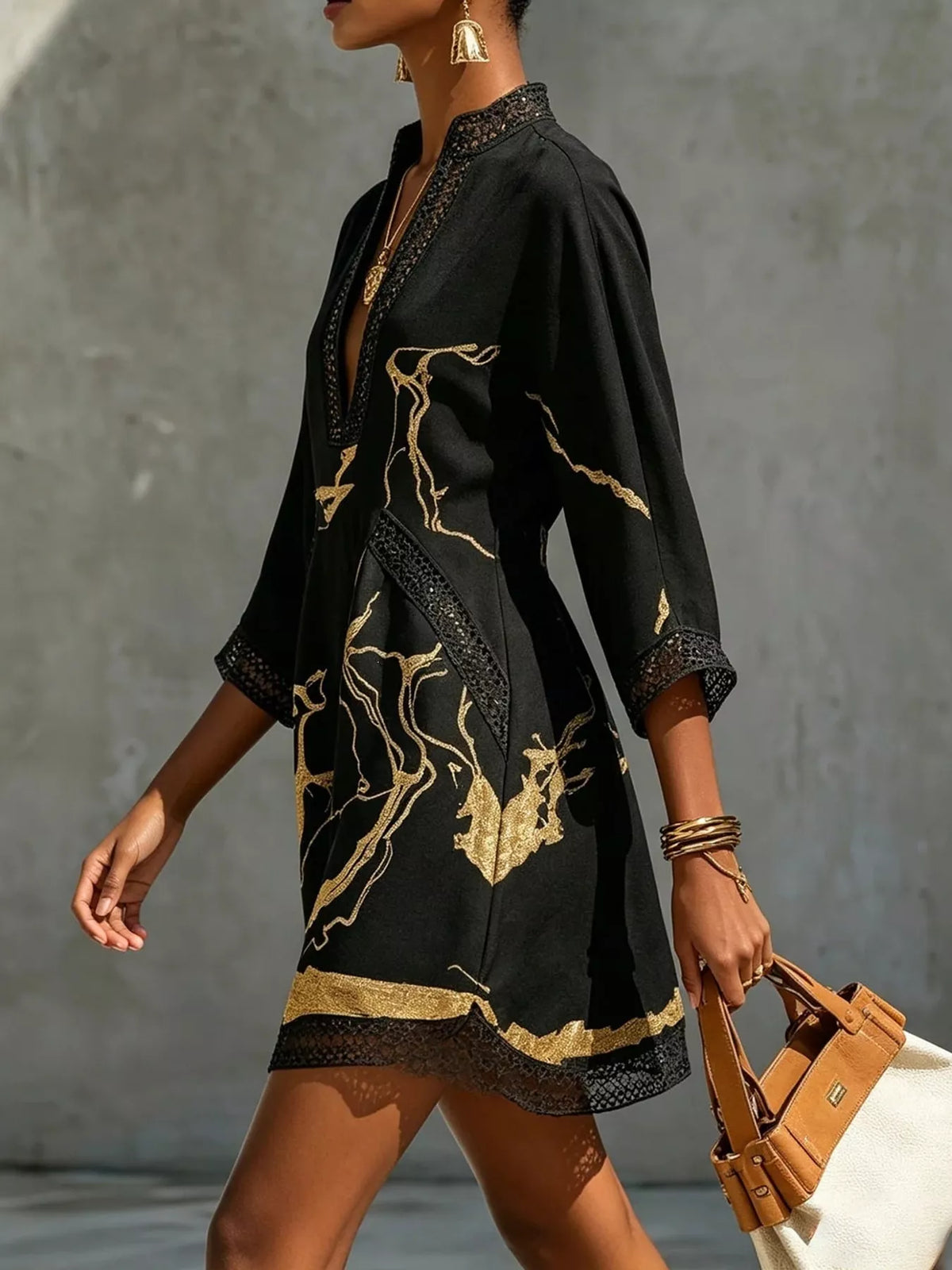 Notched 3/4 Sleeve Lace Mini Dress