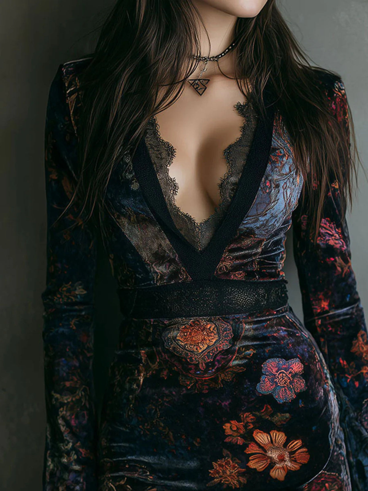Floral Velvet Mini Dress with Lace Detail
