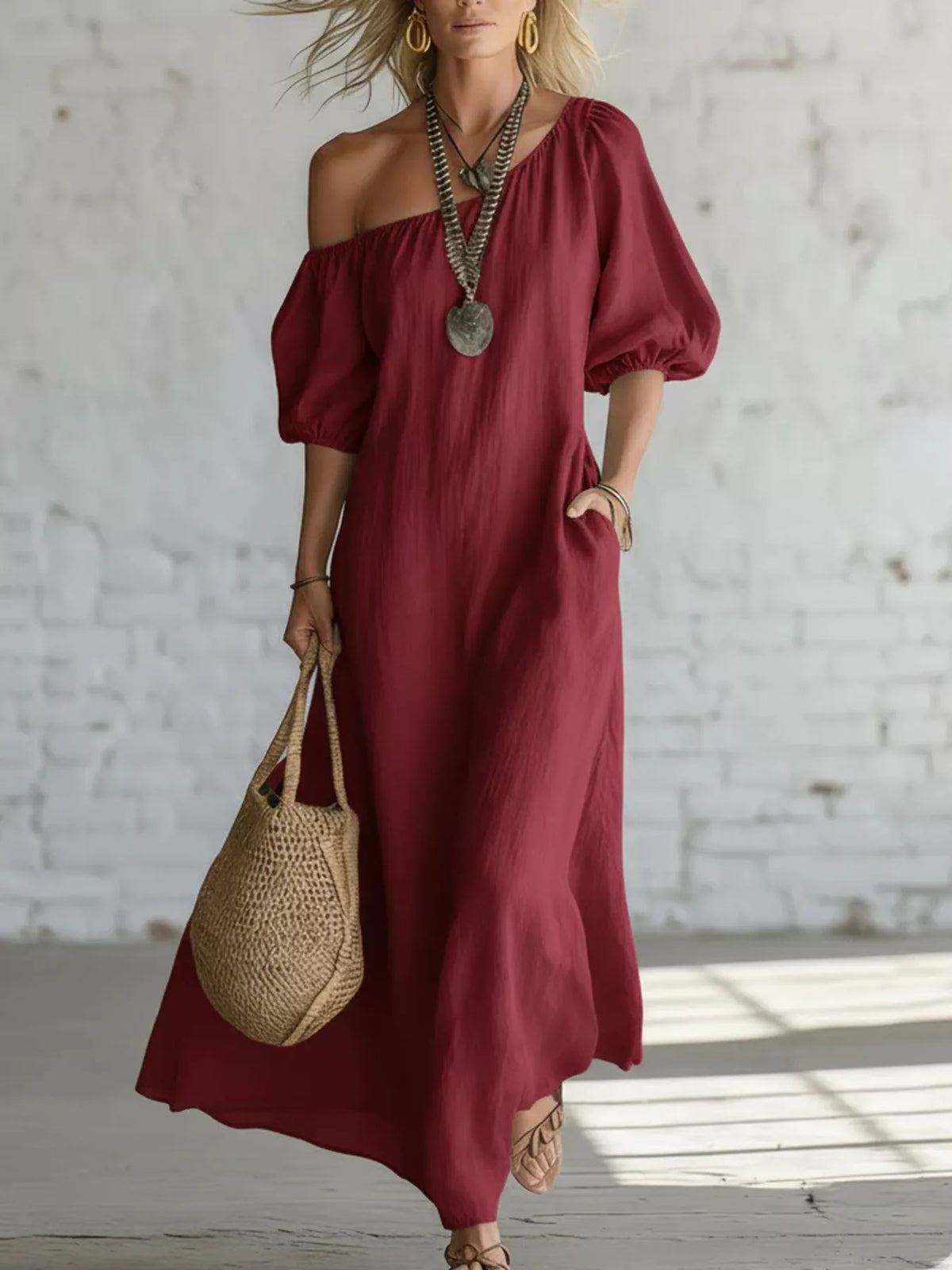 One-Shoulder Puff Sleeve Maxi Dress
