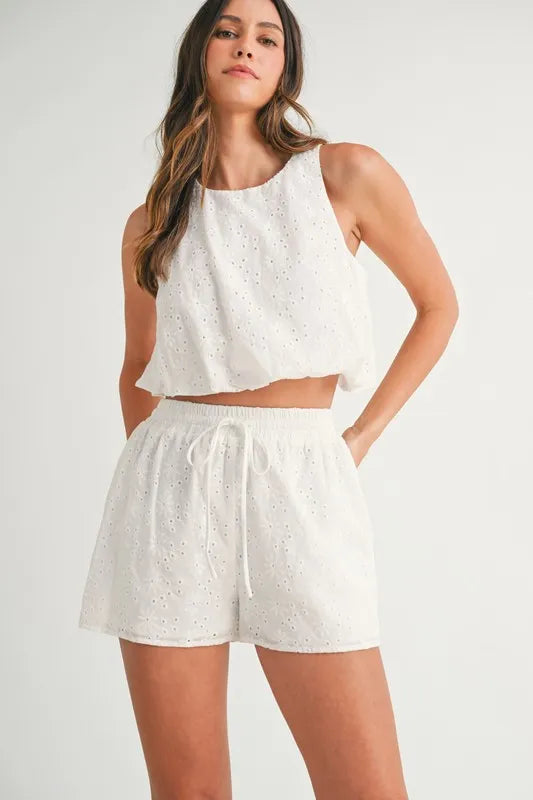 Eyelet Bubble Hem Top and Shorts Set in Off White