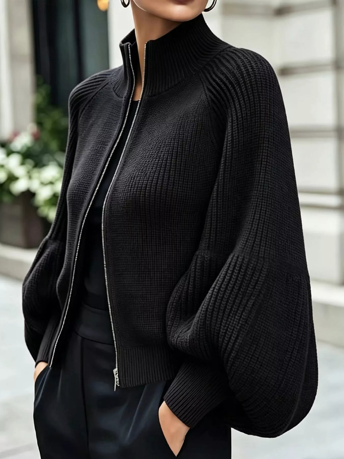 Ribbed Knit Zip-Up Cardigan with Lantern Sleeves
