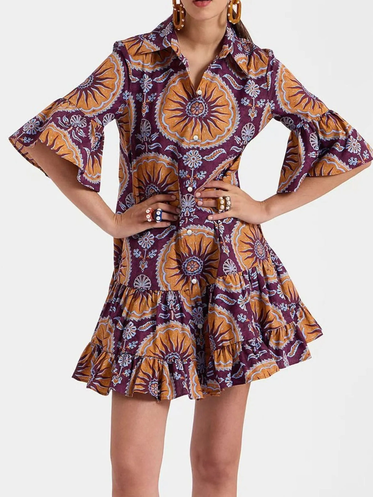 Buttoned Floral Ruffle-Sleeve Mini Dress by Rosaline