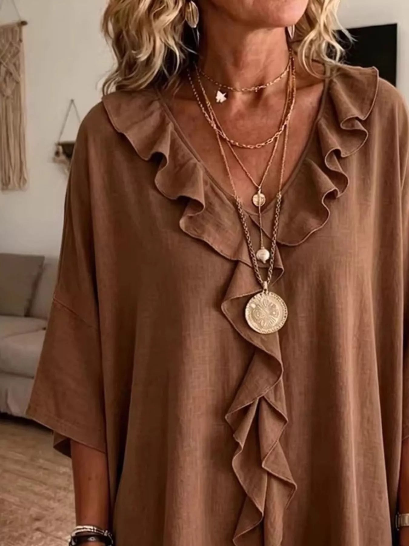 Ruffle V-Neck 3/4 Sleeve Blouse Plus Size