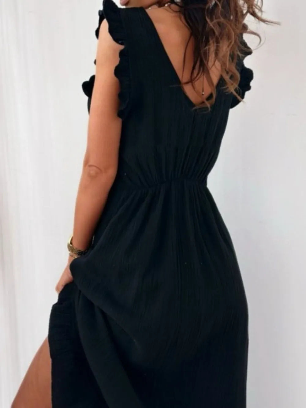 Ruffled V-Neck Cap Sleeve Maxi Dress