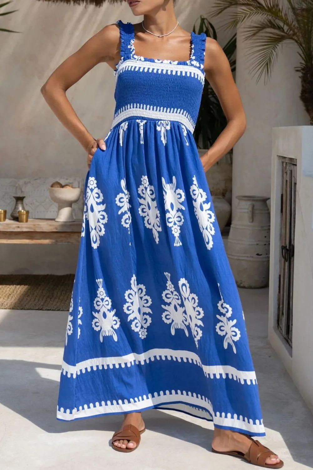 Printed Square Neck Cami Dress with Pockets