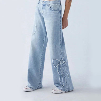 Baggy Frayed Denim Bow Jeans