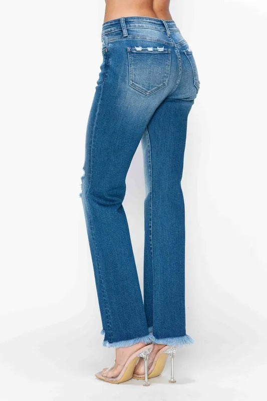 Raw Hem Distressed Mid Rise Straight Jeans in Medium Wash