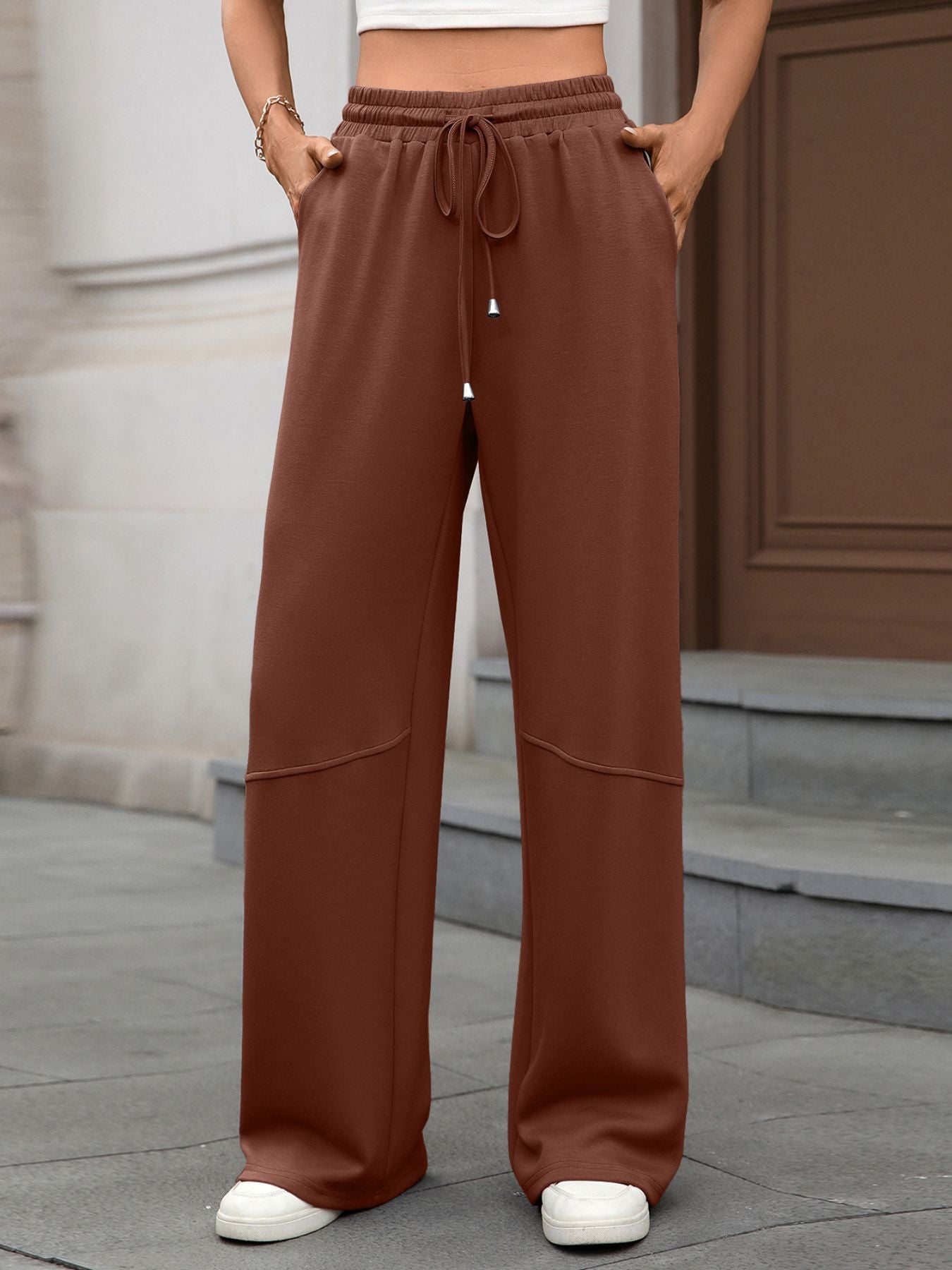 Drawstring High-Waist Wide-Leg Pants