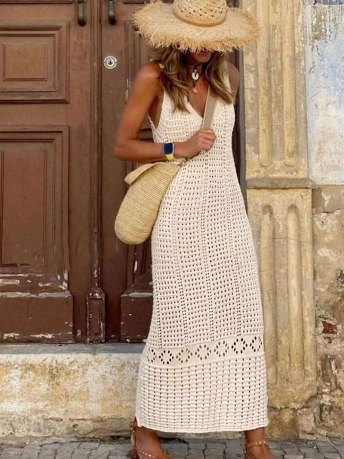 Sleeveless Crochet Knit Cover-Up Maxi Dress