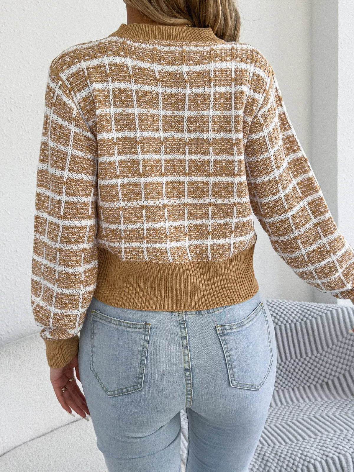 Plaid Tweed-Style Knit Cardigan by Clise