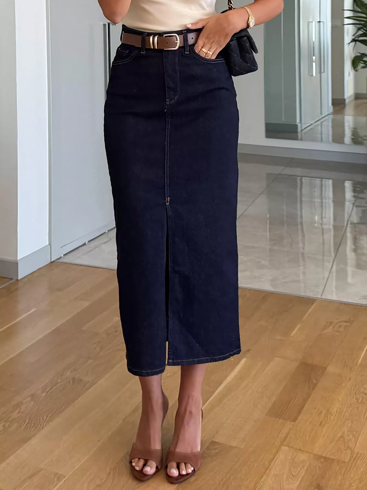 Slit Front Denim Skirt in Dark Blue by Lone Star Lady