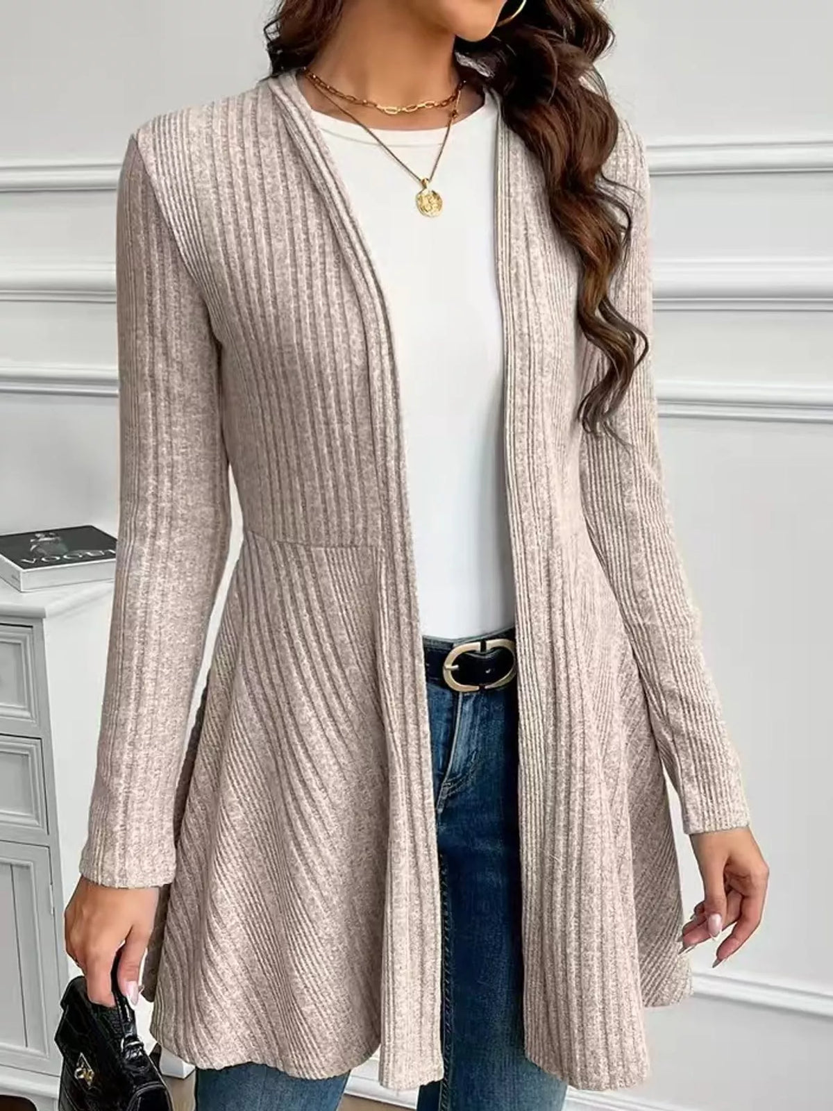 Ribbed Knit Open-Front Cardigan