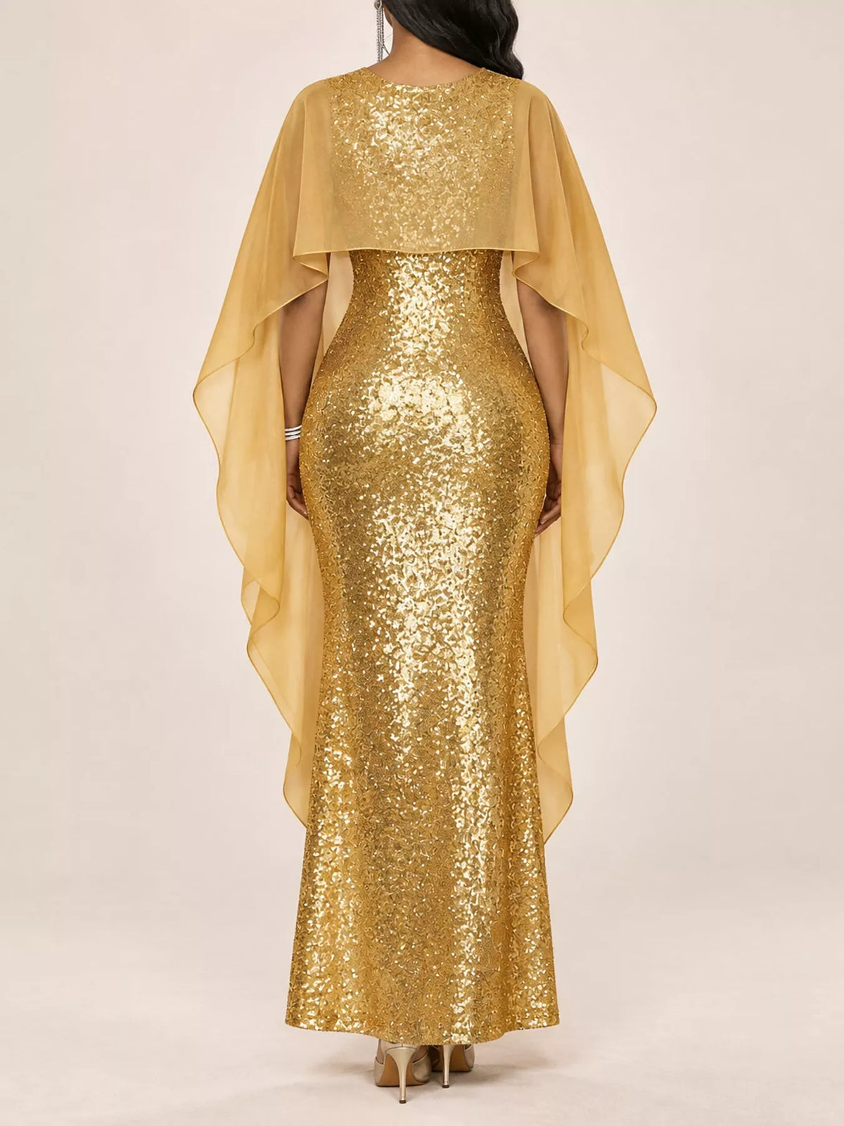 Sequin Cape-Overlay Evening Dress
