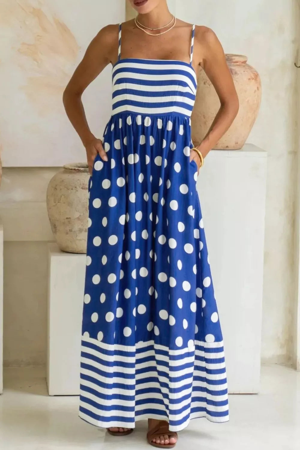 Patchwork Spaghetti Strap Maxi Dress in Navy