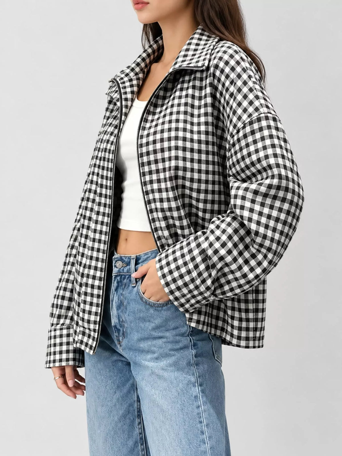 Oversized Plaid Zip-Up Jacket