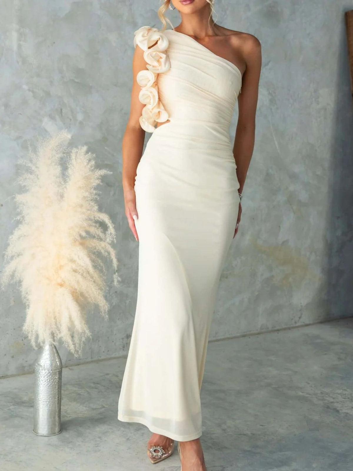 One-Shoulder Floral Trim Maxi Dress