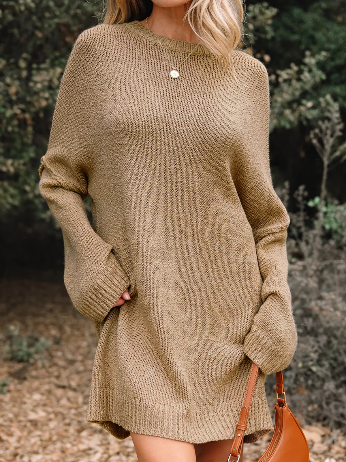 Oversized Drop-Shoulder Slouchy Sweater Dress in Camel