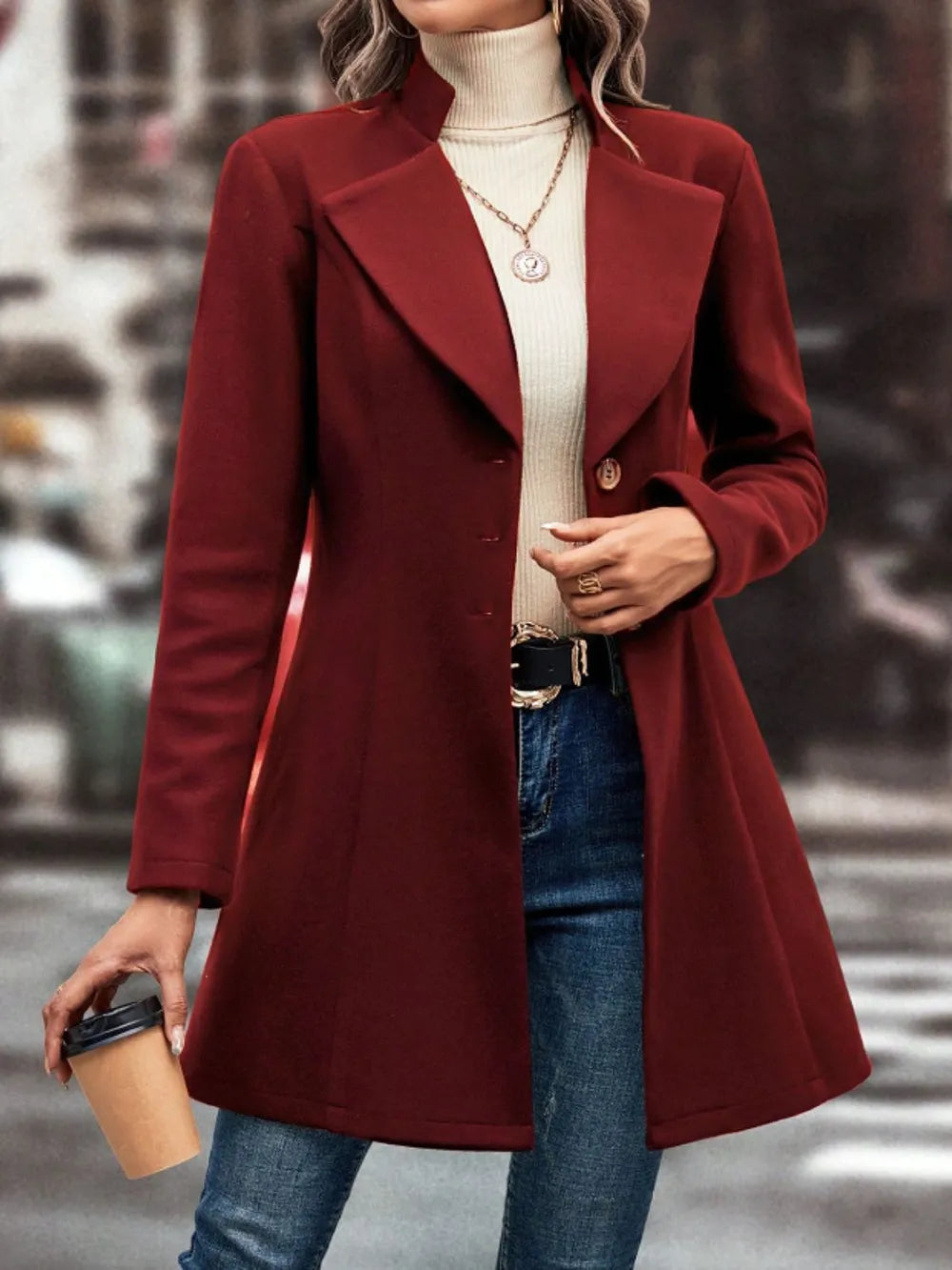 Collared Button-Up Long Sleeve Coat
