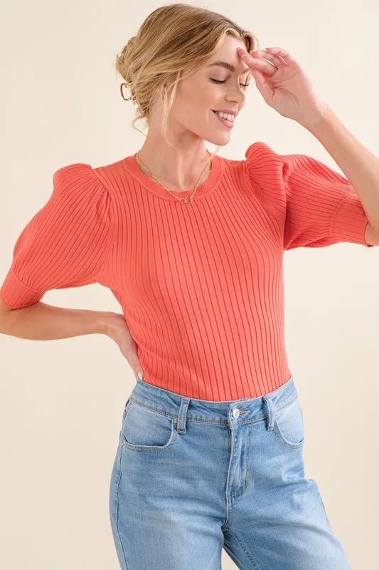 And The Why Puffed Half Sleeve Ribbed Bodysuit in Coral