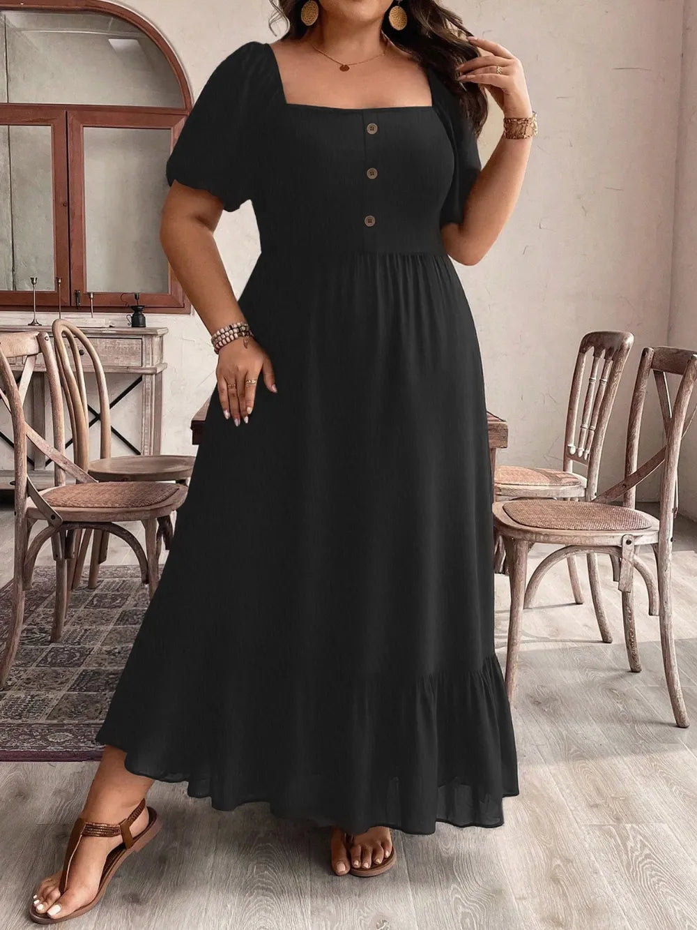 Ruffled Hem Square Neck Dress in Black