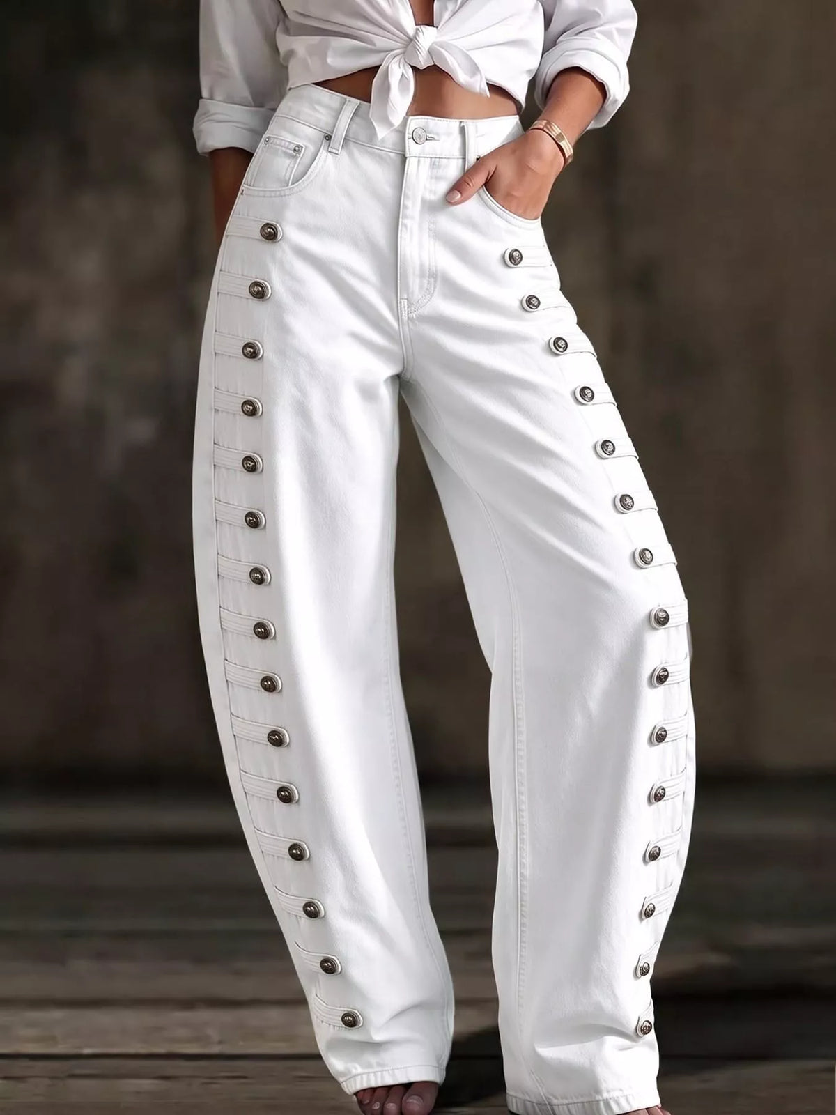 Decorative Button Wide Leg Jeans