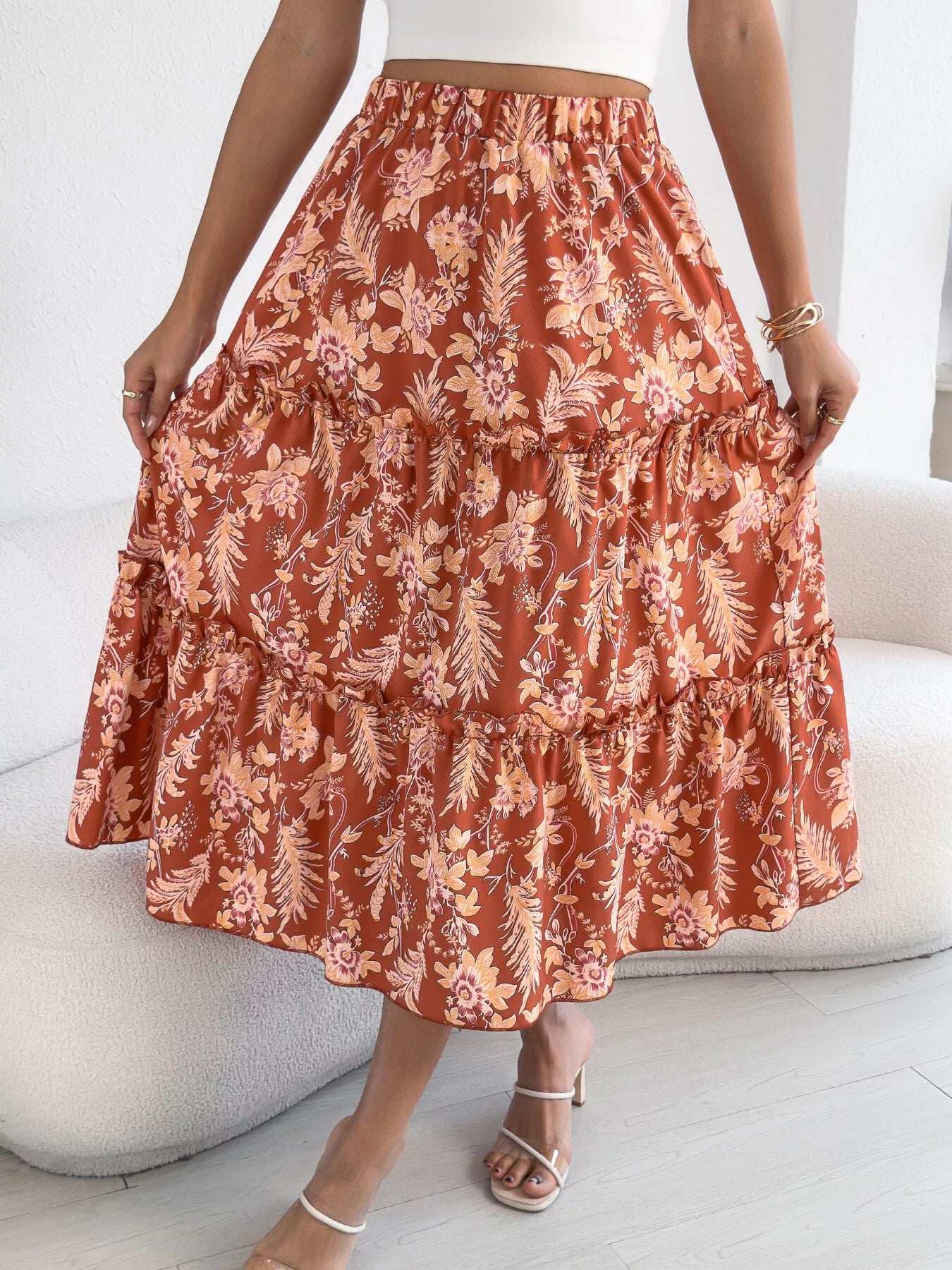 Floral Ruffle Hem Flowy Midi Skirt