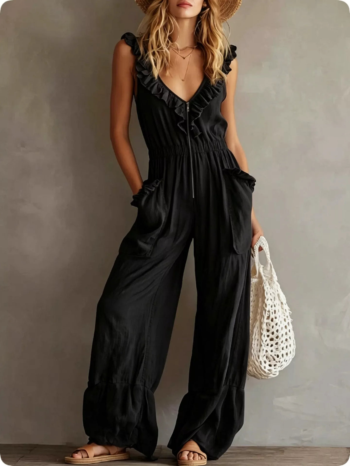Ruffled V-Neck Jumpsuit with Pockets