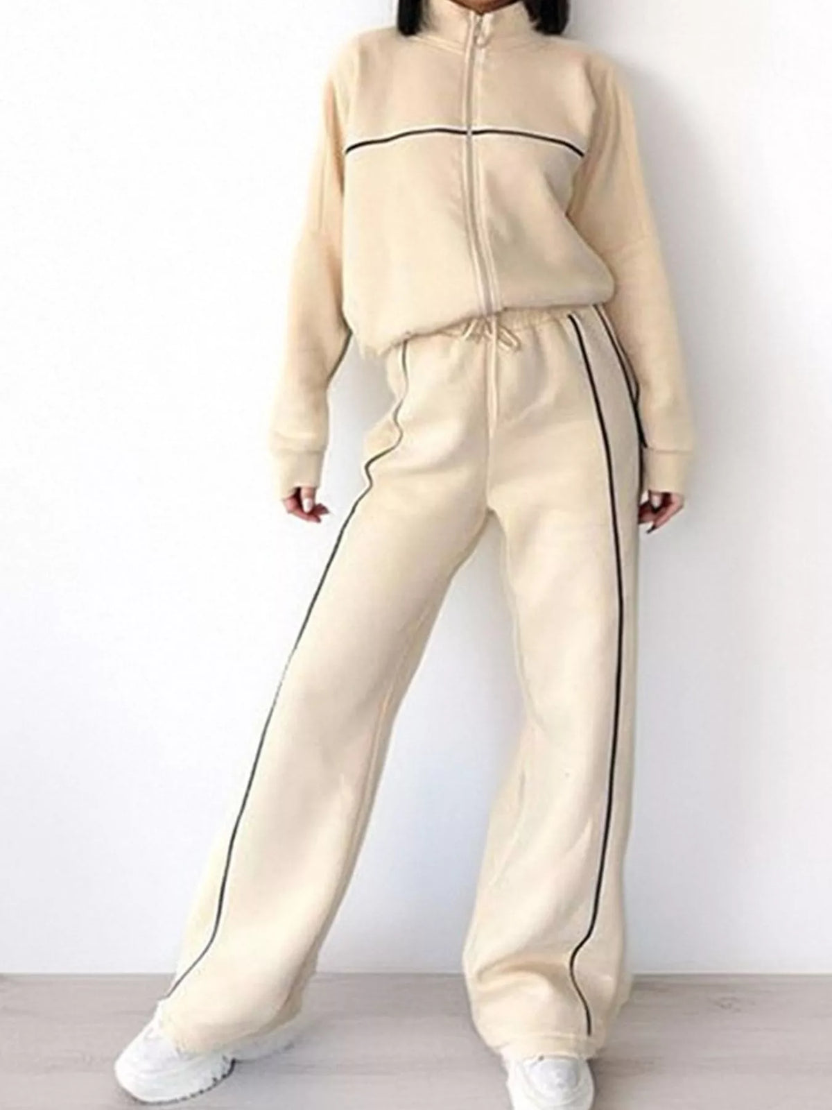 Zip-Up Jacket and Wide-Leg Pants Set in Black