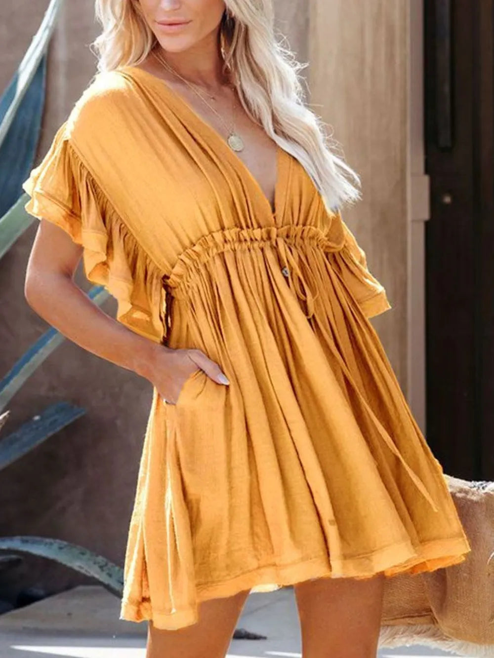 Drawstring Ruffled Mini Dress
