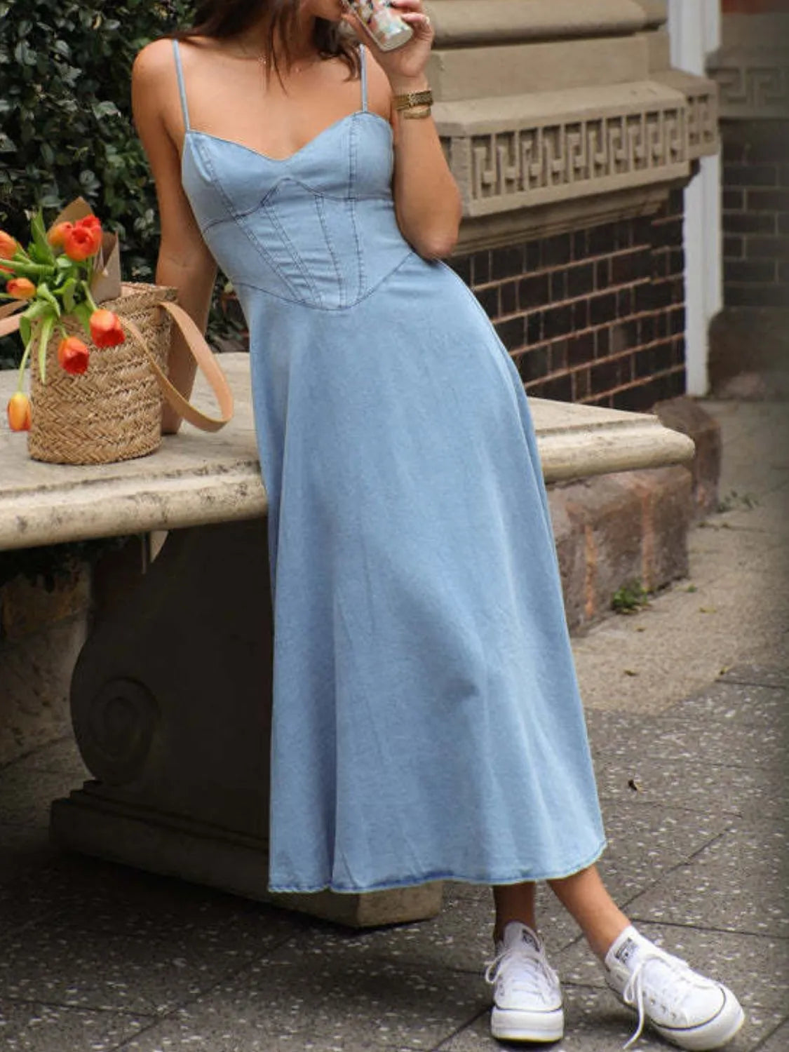 Smocked Midi Cami Dress in Light Blue