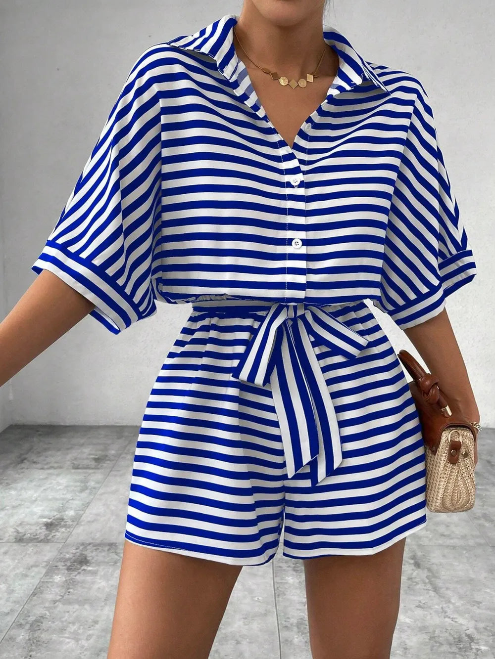 Half-Button Tie Waist Striped Romper