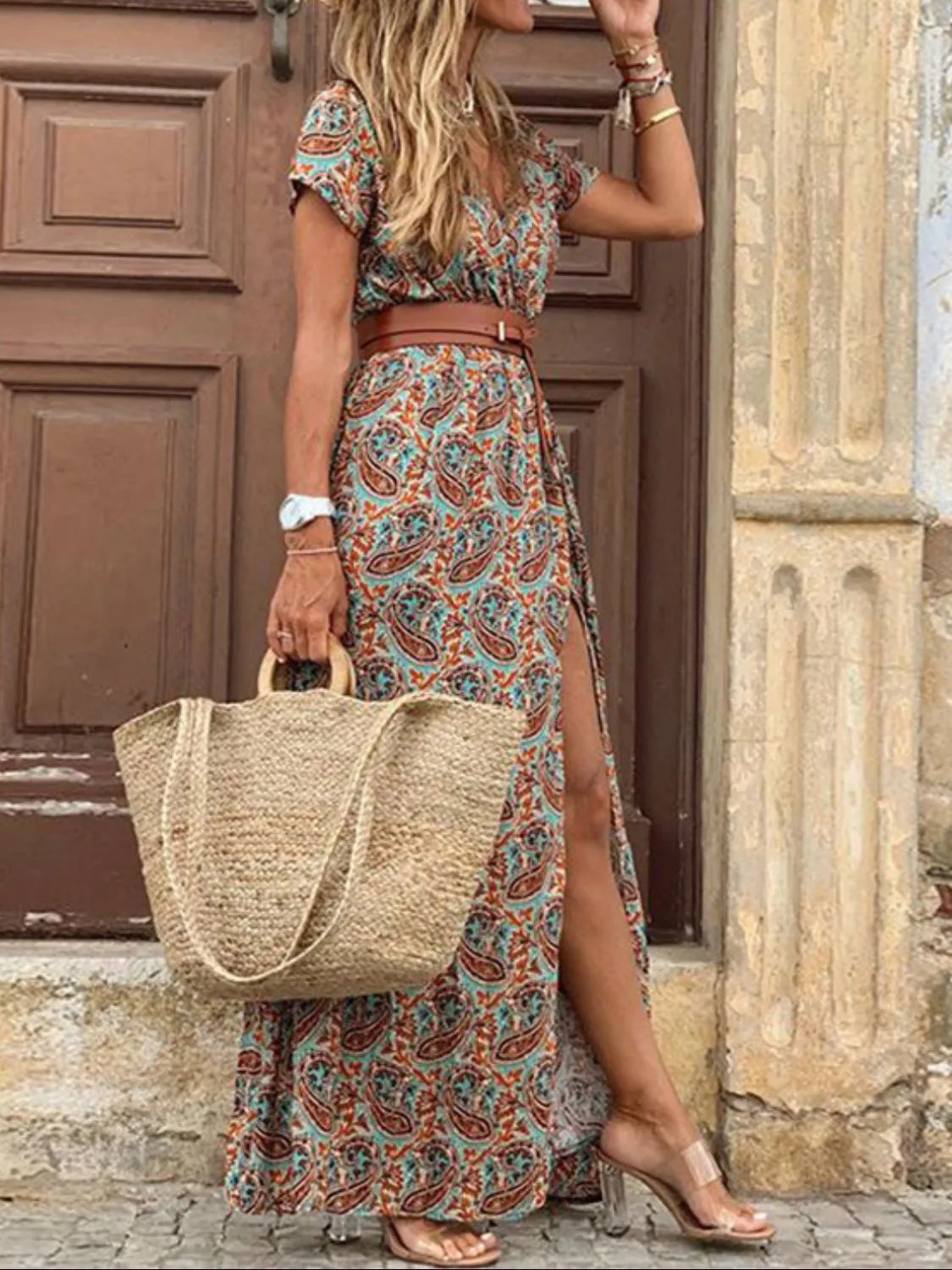 Belted V-Neck Maxi Dress with Pockets