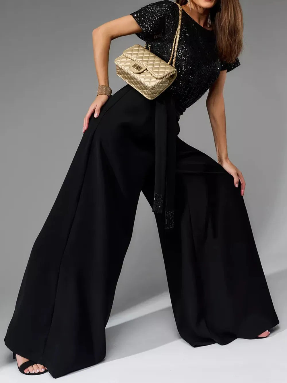 Sequin Round Neck Short Sleeve Jumpsuit, Plus Size