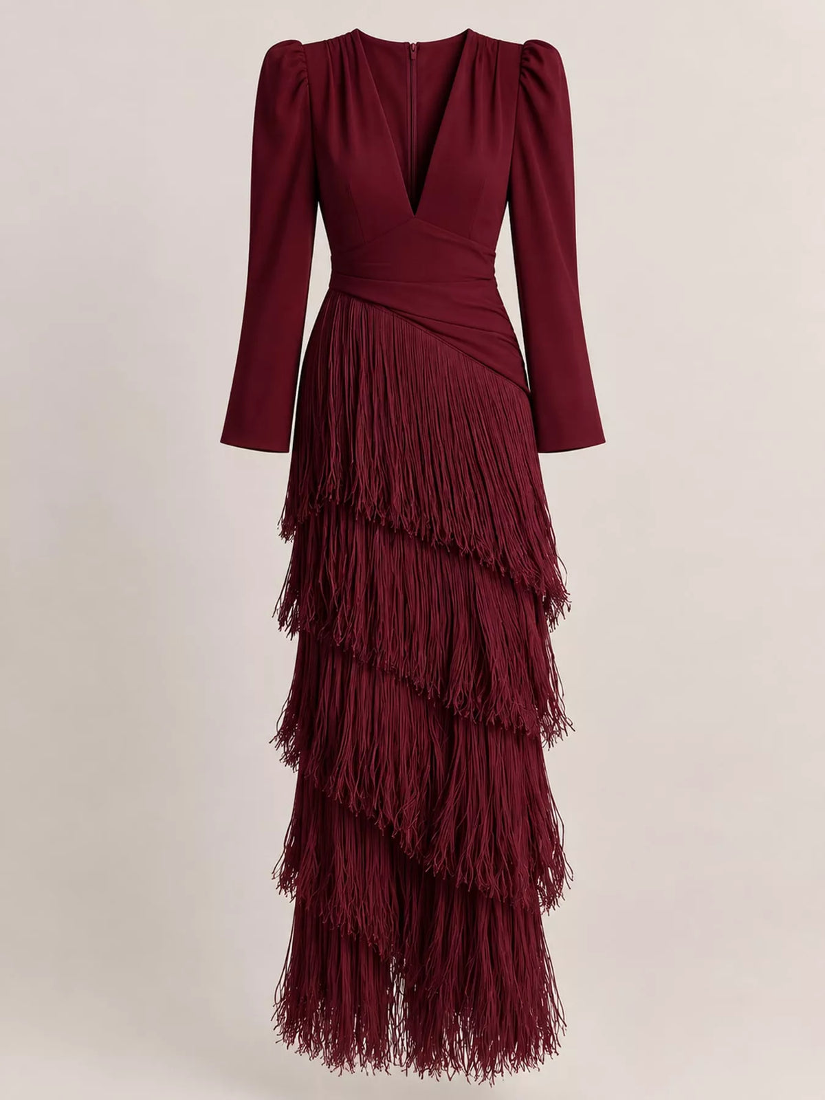 Fringed V-Neck Puff Sleeve Maxi Dress