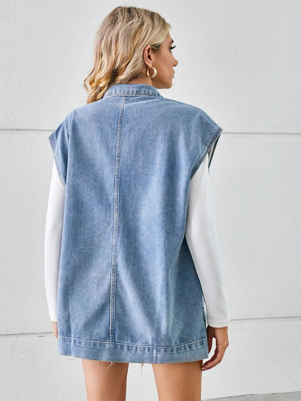 Pocketed Button Up Sleeveless Denim Jacket by Manny