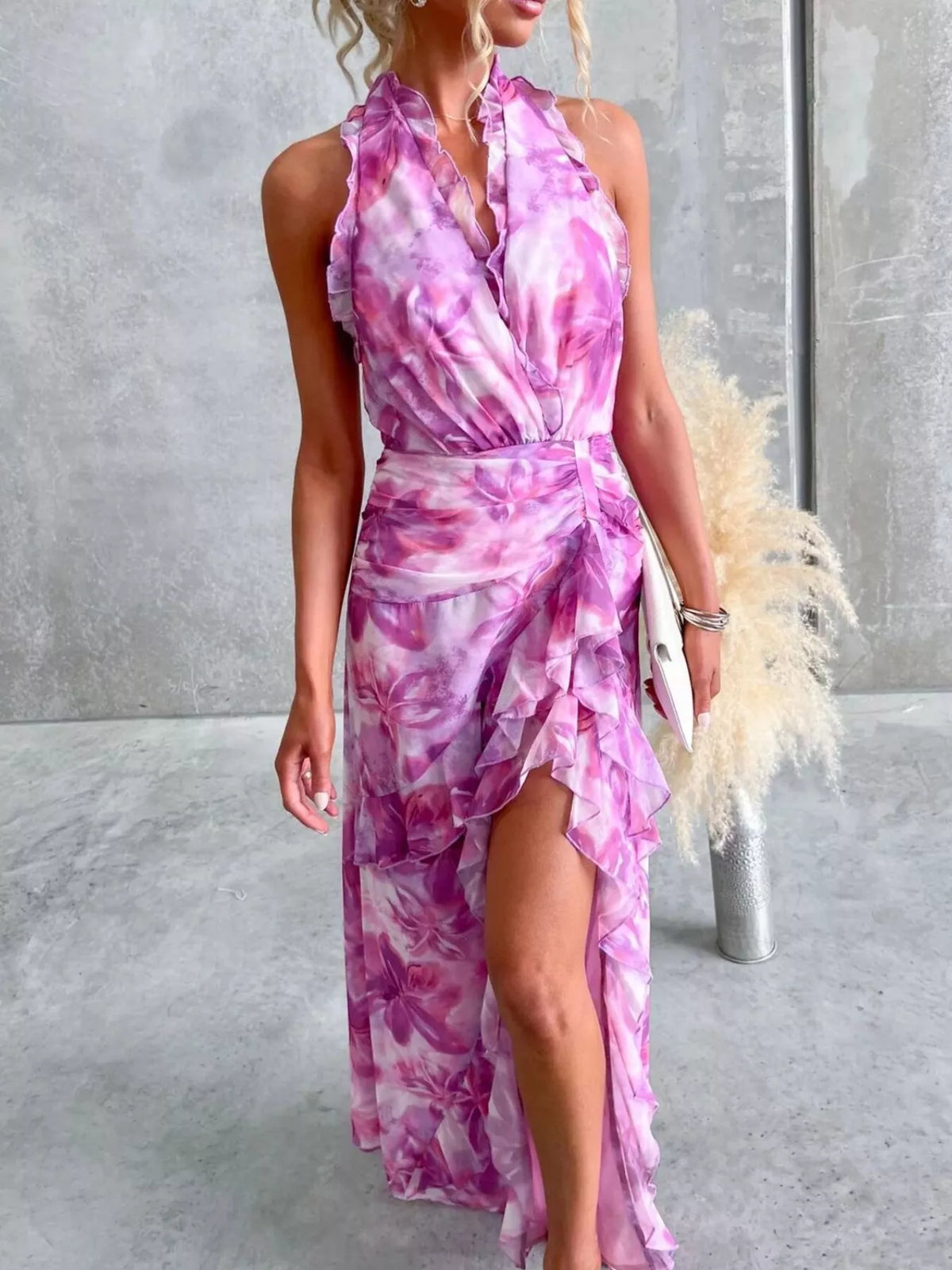 Floral Ruffle Halter Neck Maxi Dress