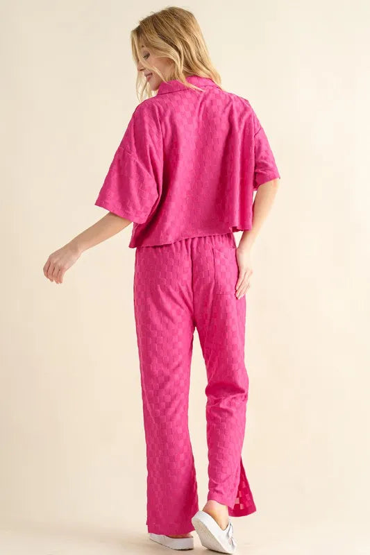 And The Why Checkerboard Oversized Top in Fuchsia