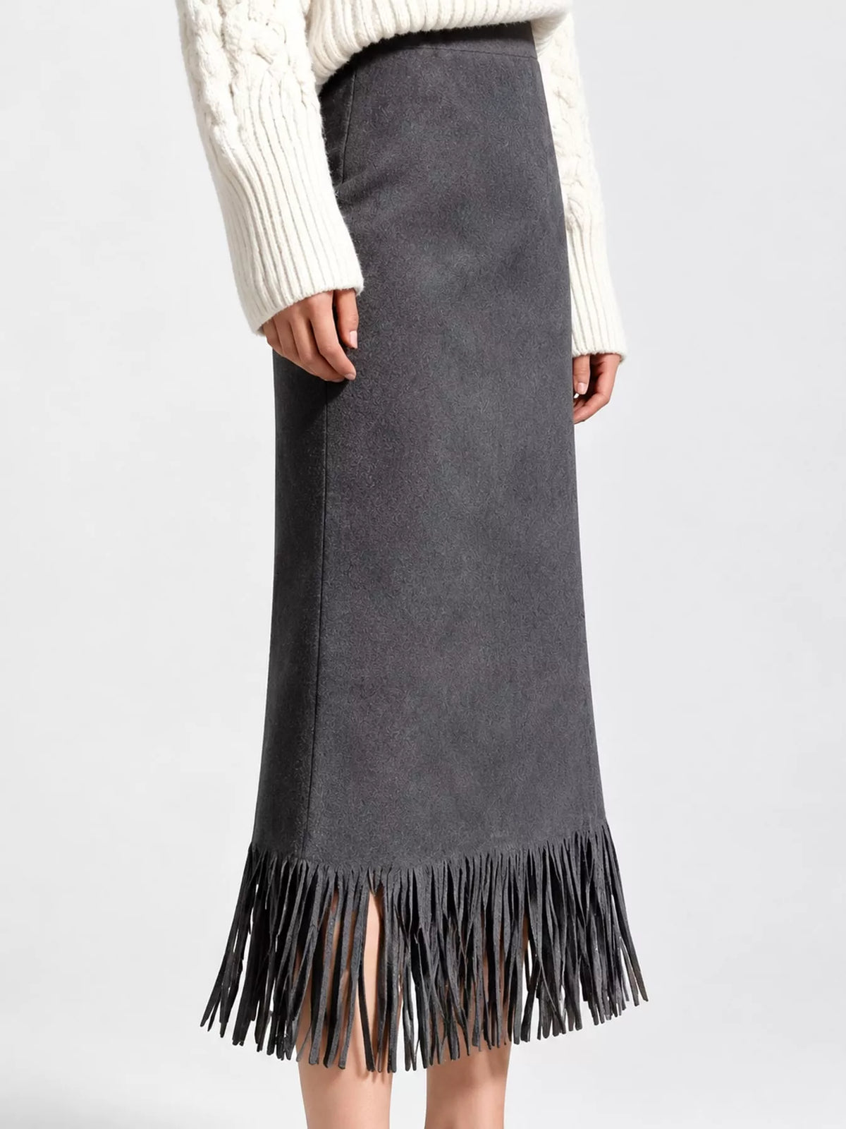 High-Waisted Fringe Midi Skirt