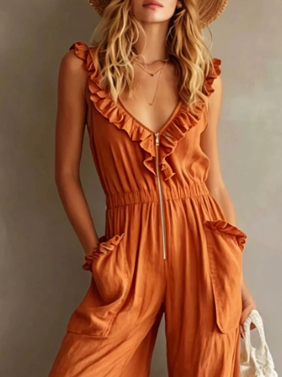 Ruffled V-Neck Jumpsuit with Pockets