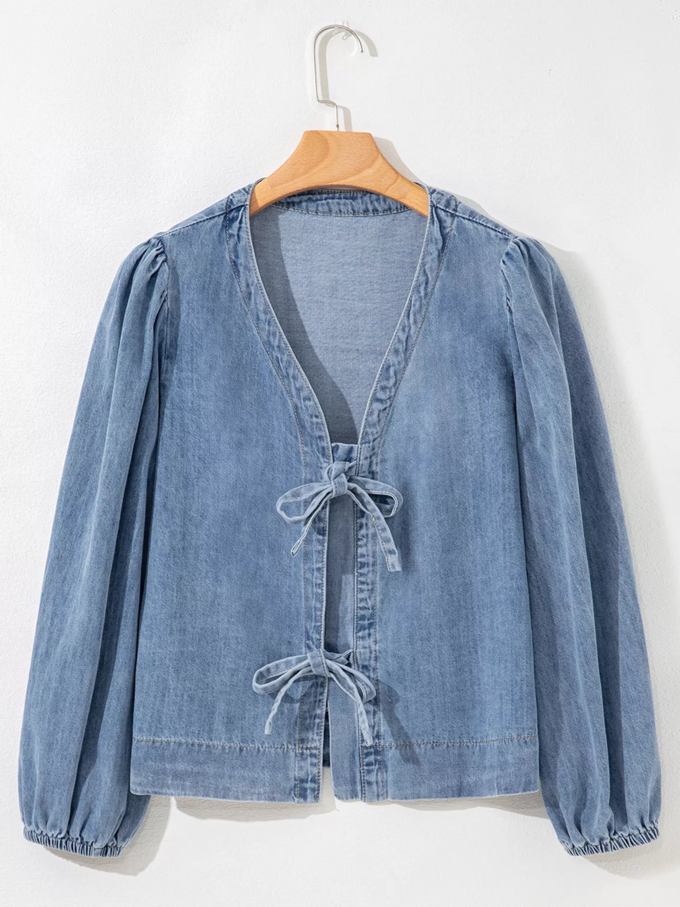 Tied Front Puff Sleeve Denim Top in Dusty Blue