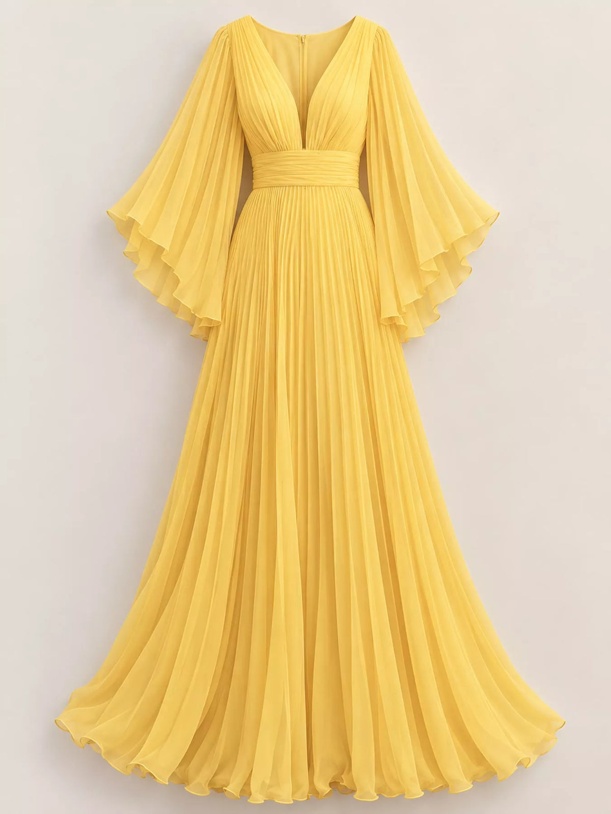 Sheer Pleated V-Neck Maxi Dress