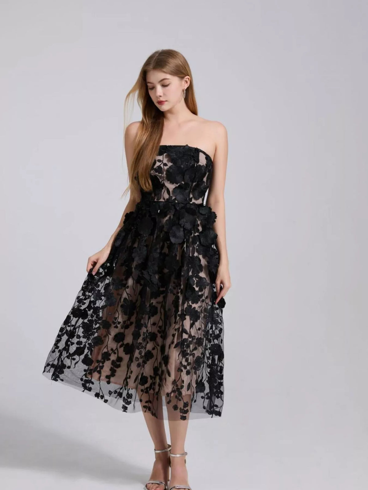 Floral Applique Strapless Midi Dress, Lined