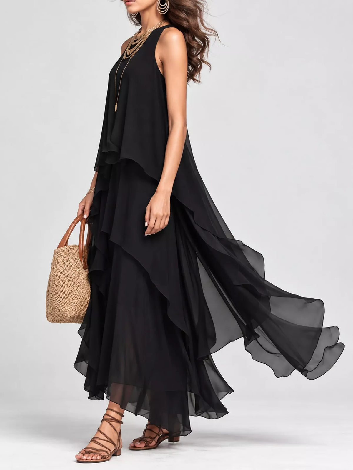 Ruffled Round-Neck Sleeveless Maxi Dress
