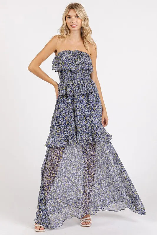 Ruffled Smocked Halter Maxi Dress in Dark Navy by Mittoshop