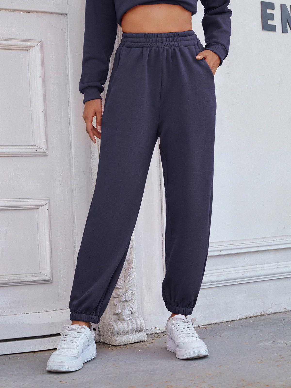 Elastic Waist Joggers with Pockets in Dark Blue