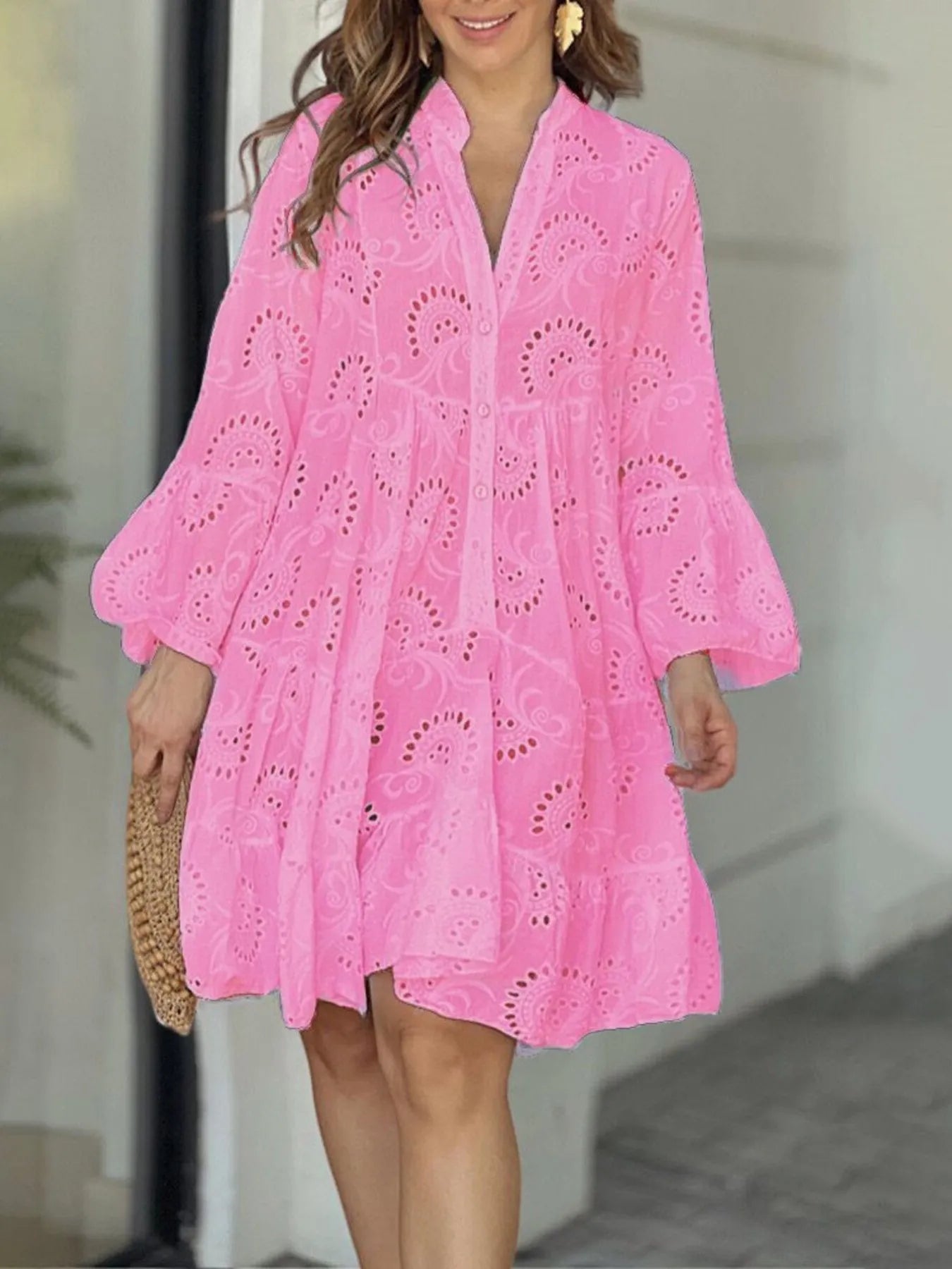 Eyelet V-Neck Tiered Ruffle Dress