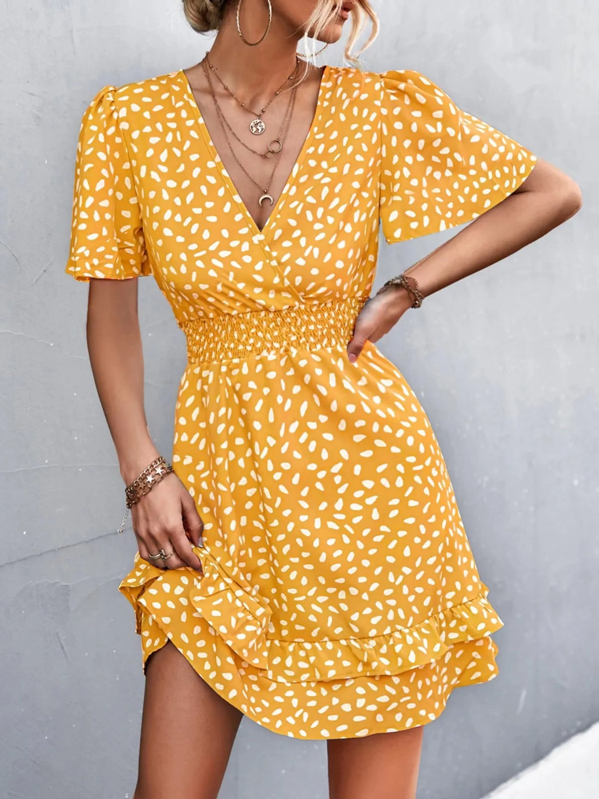 V-Neck Flutter Sleeve Mini Dress by Elaine