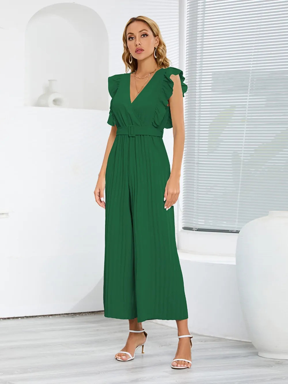 Ruffled Surplice Cap-Sleeve Jumpsuit